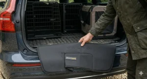 A black fabric bumper protector being unfolded over the rear sill of a car to prevent scratches while loading a dog crate.
