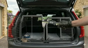 A side-view illustration showing the height clearance needed for a dog crate to sit behind a high car boot lip without hitting the rear window.