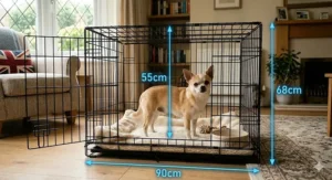 A photorealistic dimension diagram showing a Chihuahua in a UK lounge setting with exact external measurements in centimetres and critical internal headroom.