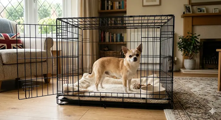 A high-resolution, photorealistic image of a tan Chihuahua comfortably standing and turning inside a standard black wire dog crate on a light wood floor in a cosy UK home setting. chihuahua crate size guide