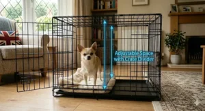 A photorealistic image showing an adjustable metal crate divider being used to create a smaller, cosy space for a Chihuahua puppy within a full-sized crate.