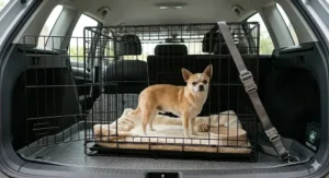 A photorealistic image of a Chihuahua in a wire crate secured in the boot of a car with a heavy-duty safety strap, meeting UK Highway Code requirements.