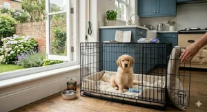 Illustration showing the correct size of a puppy crate for toilet training, ensuring the dog has just enough room to stand and turn around comfortably.
