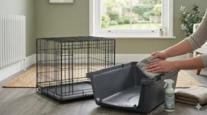 A person using a cloth and hygiene spray to clean the removable plastic tray and base of a small dog crate.