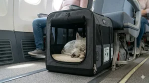 An airline approved small dog travel crate shown folded flat for easy storage in a cupboard or suitcase.