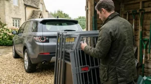 A collapsible dog crate for two dogs being folded down for easy storage outside a British country home.