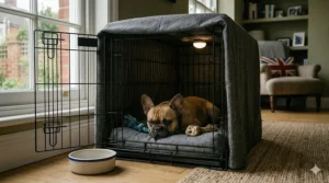 A French Bulldog sleeping peacefully in a crate outfitted with a grey herringbone tweed mat and a soft cream fleece blanket.