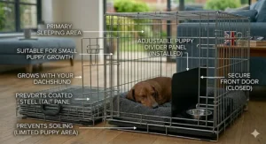 A 30-inch dachshund crate with a grey fabric cover and warm lamp lighting to create a cosy den.