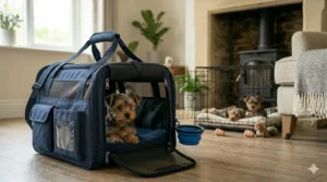A cosy night-time crate setup for a Yorkshire Terrier puppy featuring a thick quilted cover and a heartbeat sheep toy.