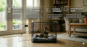 A Yorkie puppy being rewarded with a treat for entering its crate, illustrating effective crate training techniques for UK owners.