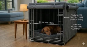 Illustration showing a 30-inch crate is the ideal length for an adult dachshund to stretch out comfortably.