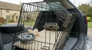 The interior of a sloping dog crate in a car boot fitted with a soft cream fleece liner and a non-spill travel water bowl.