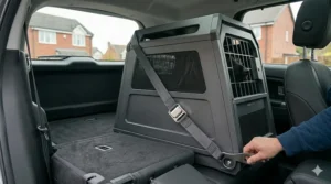 Alt text for image 5: Guide showing how dog crates with escape hatches fit into standard UK estate cars and SUVs.
