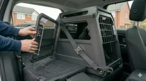 Alt text for image 7: Infographic highlighting the reinforced steel frame and anti-rattle hinges of a safety-rated dog crate.