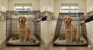 A side-by-side comparison of a Golden Retriever sitting in a standard crate at 78cm height versus a sloping car crate at 63cm height.