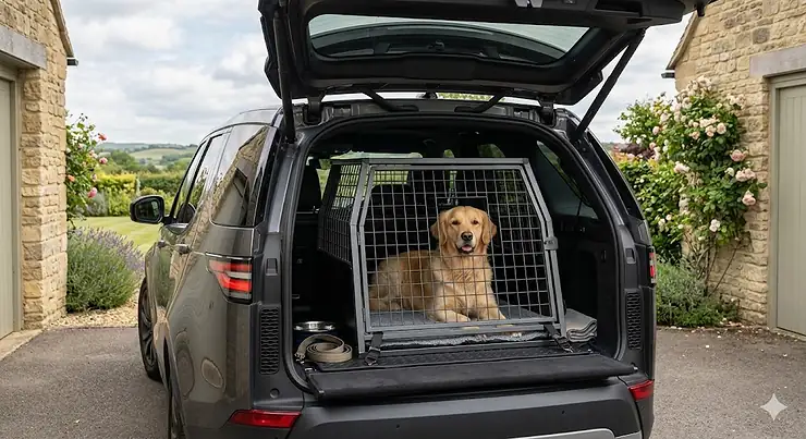 A medium-sized dog crate securely fitted into the boot of a British estate car, showing enough clearance for the tailgate to close safely. what size dog crate for car boot