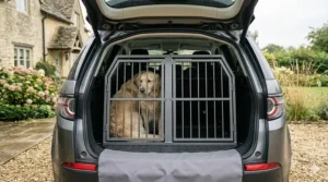 A size guide showing two Golden Retrievers sitting comfortably side-by-side inside a large, British-standard double car dog crate.