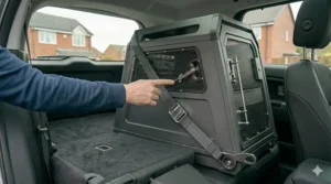 Alt text for image 8: Illustration of optimal airflow patterns in a dog crate with an integrated emergency escape hatch.