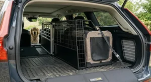 A dog crate positioned in a car boot with clear space around the mesh panels and windows to ensure maximum ventilation during travel.