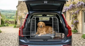 Illustration of a Labrador standing comfortably inside a travel crate, demonstrating enough head clearance and room to turn around.
