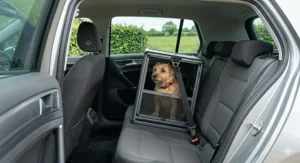 A secure small dog crate for car travel installed on the back seat of a hatchback, safely tethered to the passenger seat belt system for a stable journey.