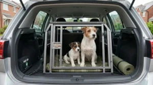 A Jack Russell Terrier and puppy secured in a crash-tested travel crate inside the boot of a British hatchback car.