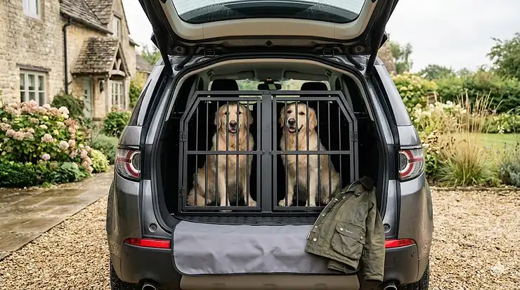 A premium double dog crate for two dogs fitted securely into the boot of a Land Rover outside a British cottage. dog crate for two dogs car