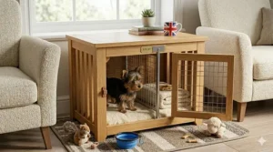 A Yorkshire Terrier puppy standing on a removable, easy-clean plastic floor tray inside a black metal dog crate.