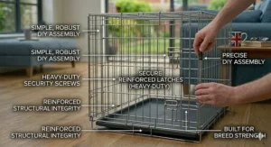 A 30-inch dog crate with the plastic base tray partially removed for easy cleaning after a muddy walk.