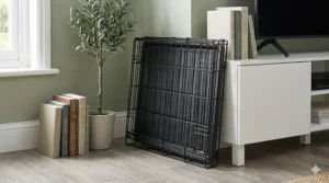 A metal wire dog crate folded completely flat and stored neatly against a white sideboard next to a houseplant in a UK home.