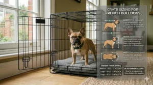 A photorealistic infographic showing an adult French Bulldog standing in a crate with measurement callouts for height and turning space in British English.