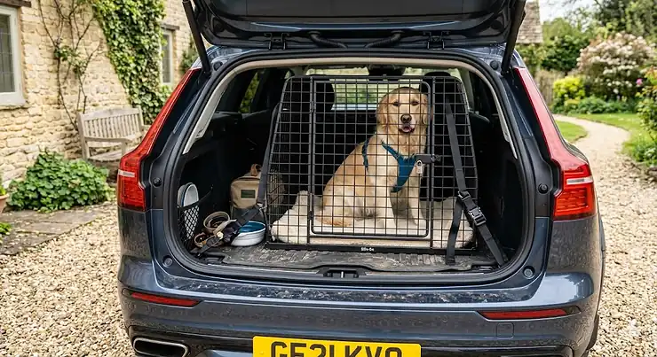 A golden retriever sitting comfortably inside a secure metal dog crate fitted into the boot of a blue estate car in a British driveway. how to fit dog crate in car boot