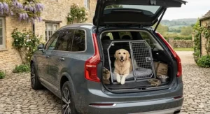 Diagram showing how to measure the depth, width, and narrowest point between wheel arches of a car boot for a dog crate.