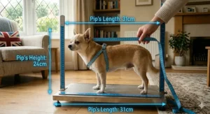 A detailed illustration of a tan Chihuahua being measured with a tape measure to determine the correct length and height for a new crate in centimetres.