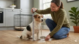 A woman using a tape measure to check a Jack Russell Terrier’s height and length to ensure the correct crate dimensions.