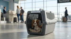 A high-quality plastic dog crate with an IATA-approved label, shown in a bright airport terminal for international pet travel.