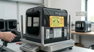 A small dog travel crate with IATA compliant Live Animal stickers and identification tags required by UK airlines.