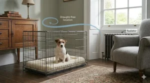 A dog crate positioned in a quiet, draught-free corner of a British living room away from direct radiator heat.