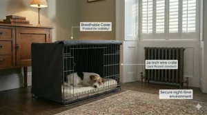 A 24-inch wire dog crate for a Jack Russell featuring a breathable fabric cover for a secure night-time environment.