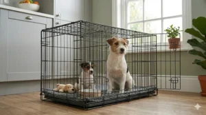 A small Jack Russell puppy in a large metal crate using a divider panel to adjust the living space as it grows.