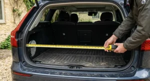 A person using a yellow tape measure to check the width and depth of a car boot floor to ensure a dog crate will fit.