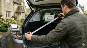 A person using a tape measure to check the dimensions of a car boot for a custom-fit double dog crate in the UK.