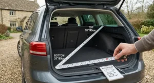 A person using a tape measure in a car boot to determine the top and bottom depth dimensions required for a sloping dog crate.