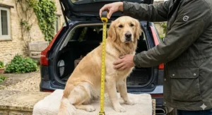 A person measuring the height of a golden retriever from floor to head to determine the correct size of travel crate for the car.