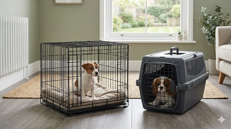 A side-by-side comparison of a black wire metal dog crate and a grey plastic dog crate, suitable for small breeds like Jack Russells or French Bulldogs in a modern British home. metal vs plastic crate small dogs