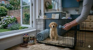 A quiet overnight puppy crate setup featuring a soft blue blanket and a chew toy, positioned on a hard floor for easy cleaning.