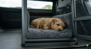 A photorealistic close-up of the interior of a small dog crate featuring a plush, grey fleece liner for maximum comfort during car travel.