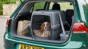 A lightweight grey plastic dog crate secured with straps in the boot of a British hatchback car for safe travel.