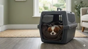 A small Cavalier King Charles Spaniel sleeping comfortably inside a plastic crate, creating a secure and dark den-like environment.