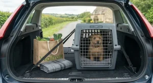 An IATA-compliant plastic-moulded small dog crate for car travel, secured in the boot of a car on a typical overcast UK day.